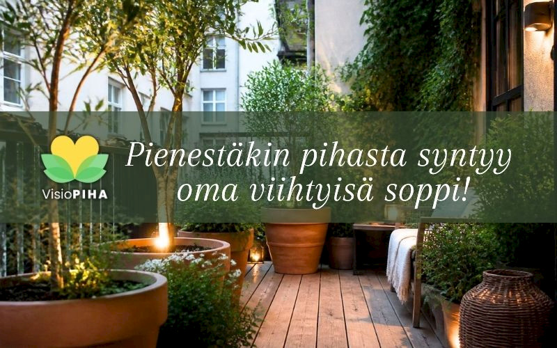 Viihtyisä pikkupiha termoruukuilla ja tunnelmavalaistuksella – VisioPiha pihasuunnittelu