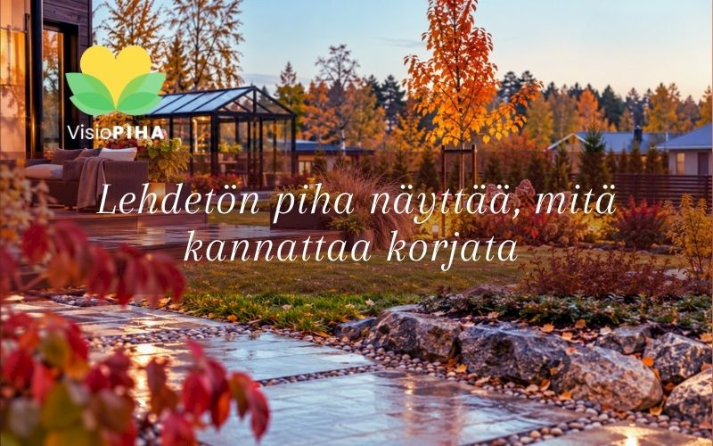Visiopihan pihasuunnittelu, syksyinen terassi, piha, kasvihuone, kivetys ja valaistut istutukset